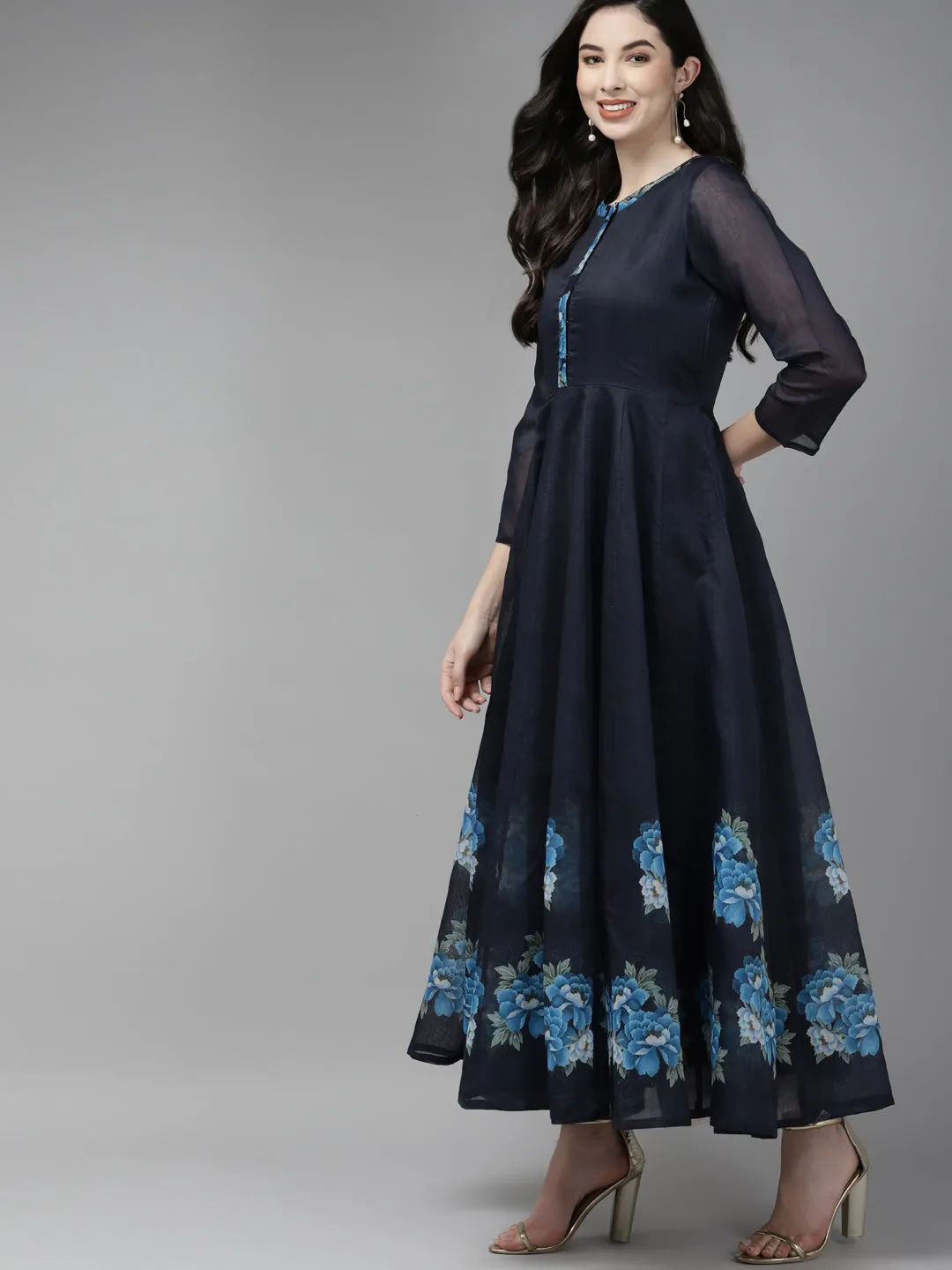 Navy Blue Floral Printed Chanderi Silk Anarkali Kurta With Dupatta