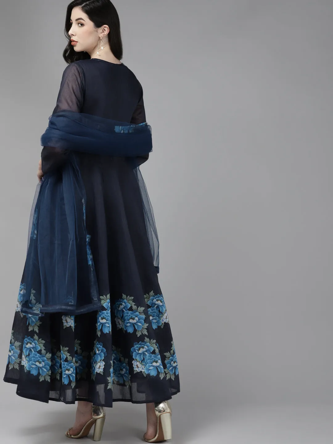 Navy Blue Floral Printed Chanderi Silk Anarkali Kurta With Dupatta