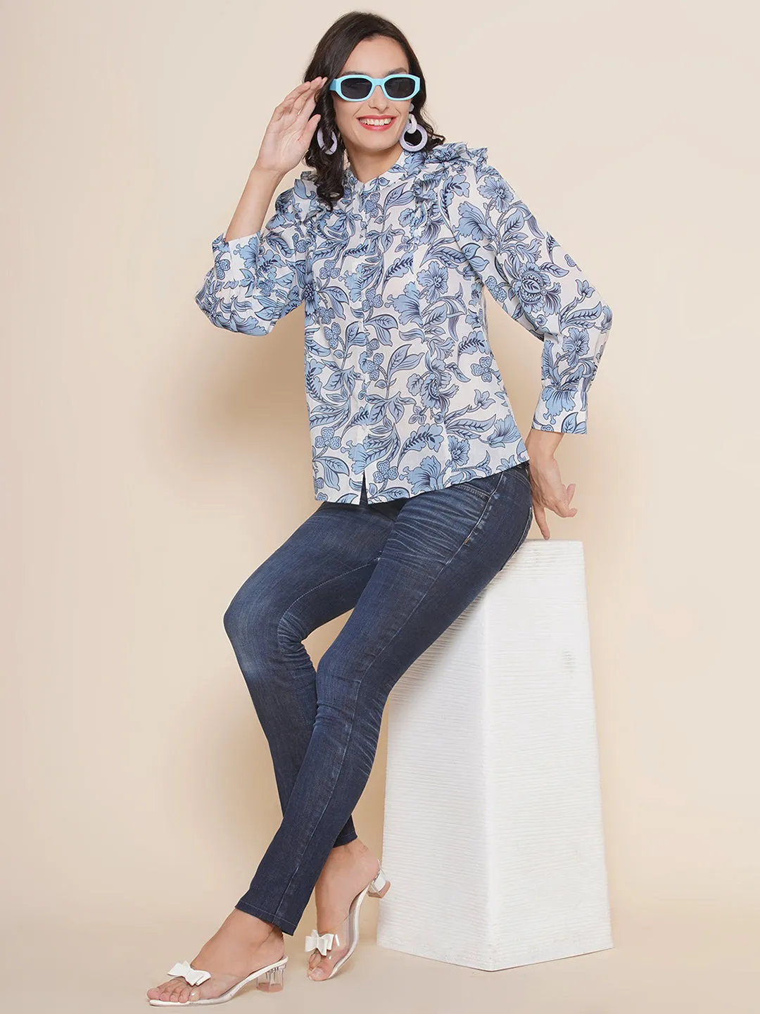 Off White & Blue Printed Shirt Style Top