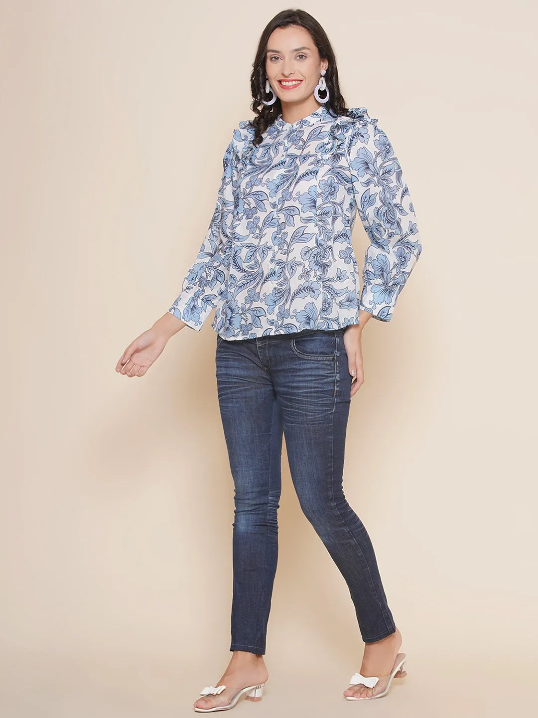 Off White & Blue Printed Shirt Style Top
