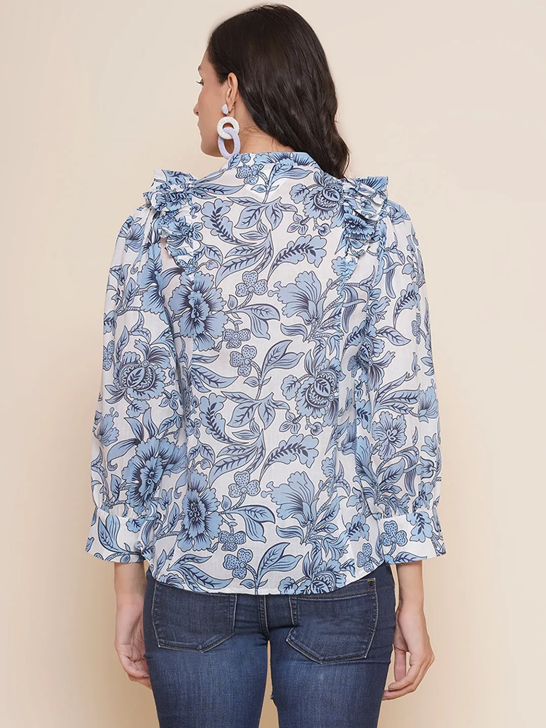 Off White & Blue Printed Shirt Style Top