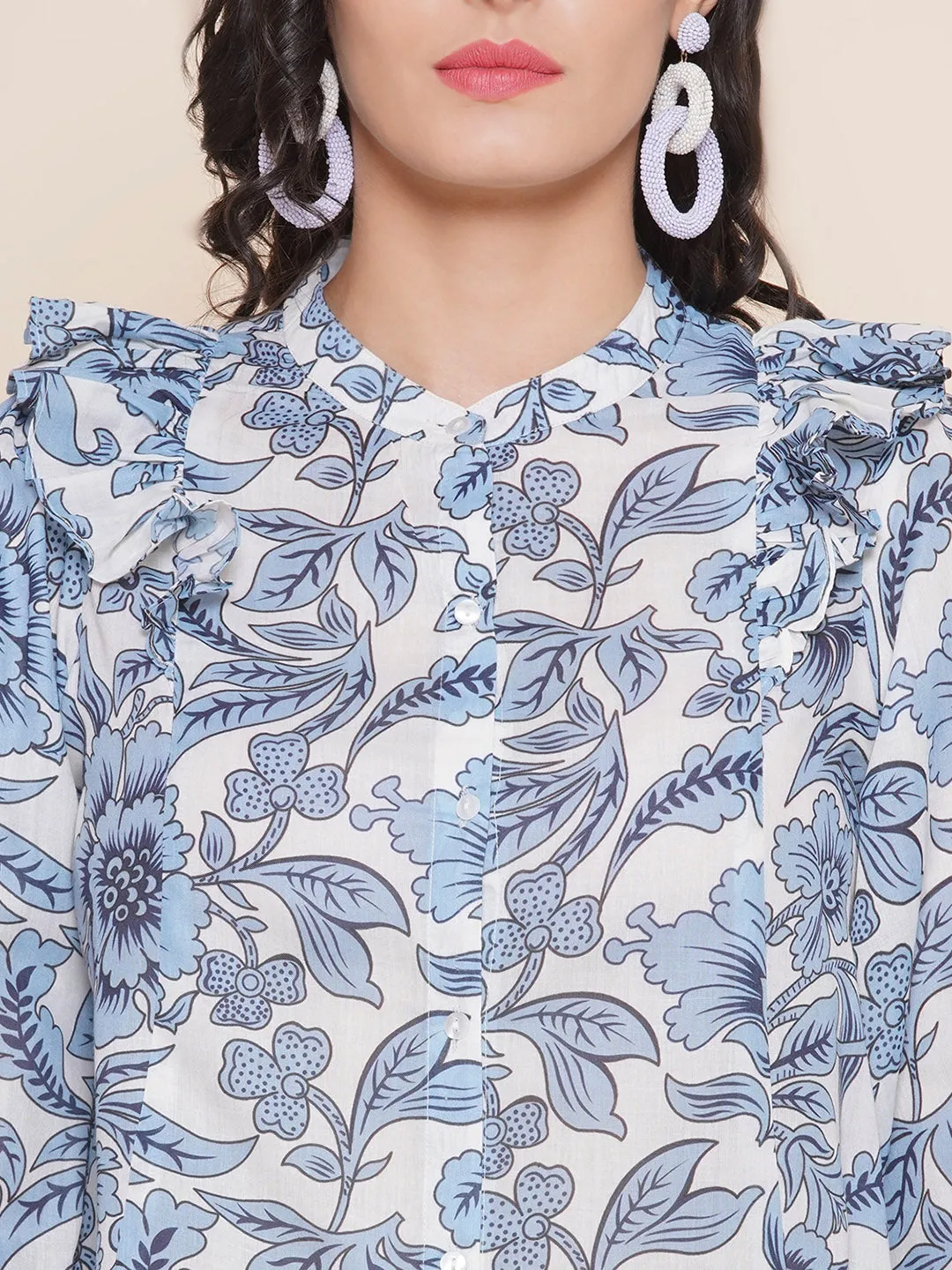 Off White & Blue Printed Shirt Style Top