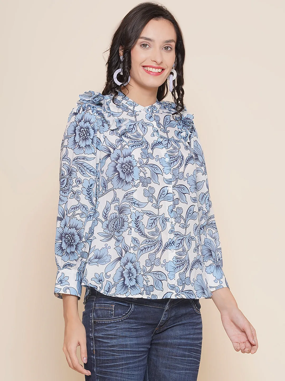 Off White & Blue Printed Shirt Style Top
