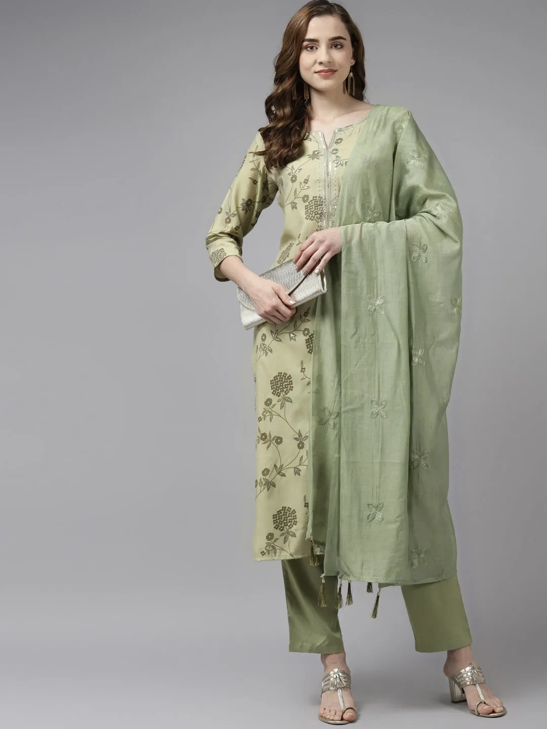 Olive Green Floral Printed Dupatta Set