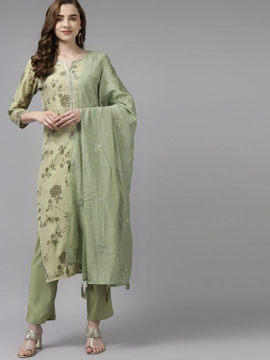 Olive Green Floral Printed Dupatta Set