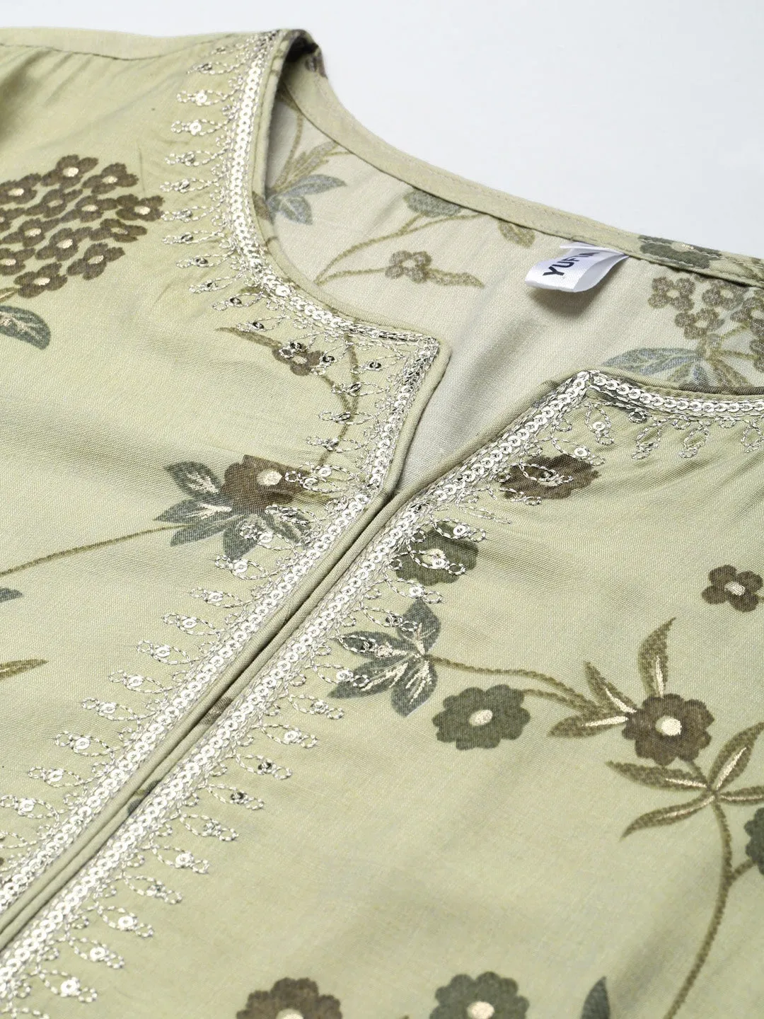 Olive Green Floral Printed Dupatta Set