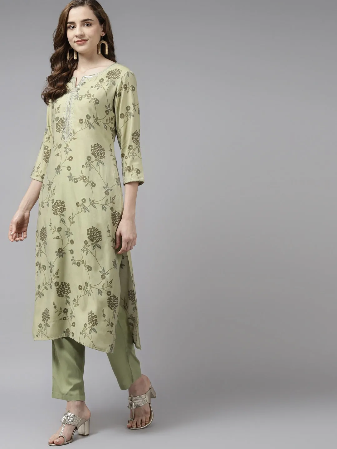 Olive Green Floral Printed Dupatta Set