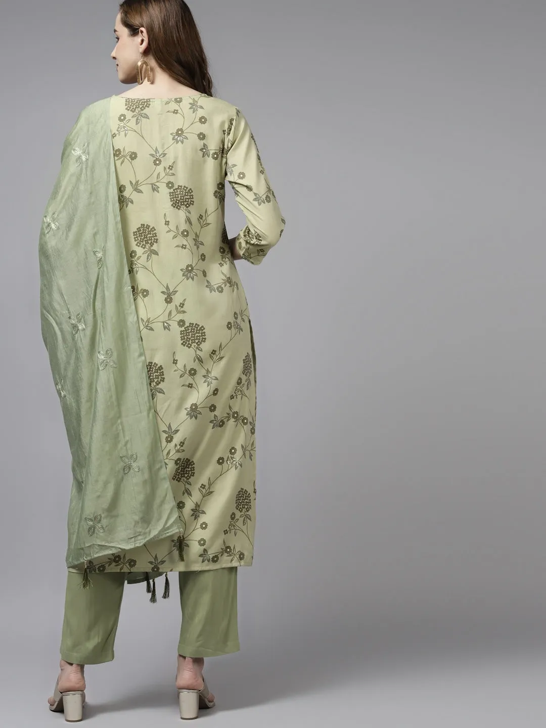 Olive Green Floral Printed Dupatta Set