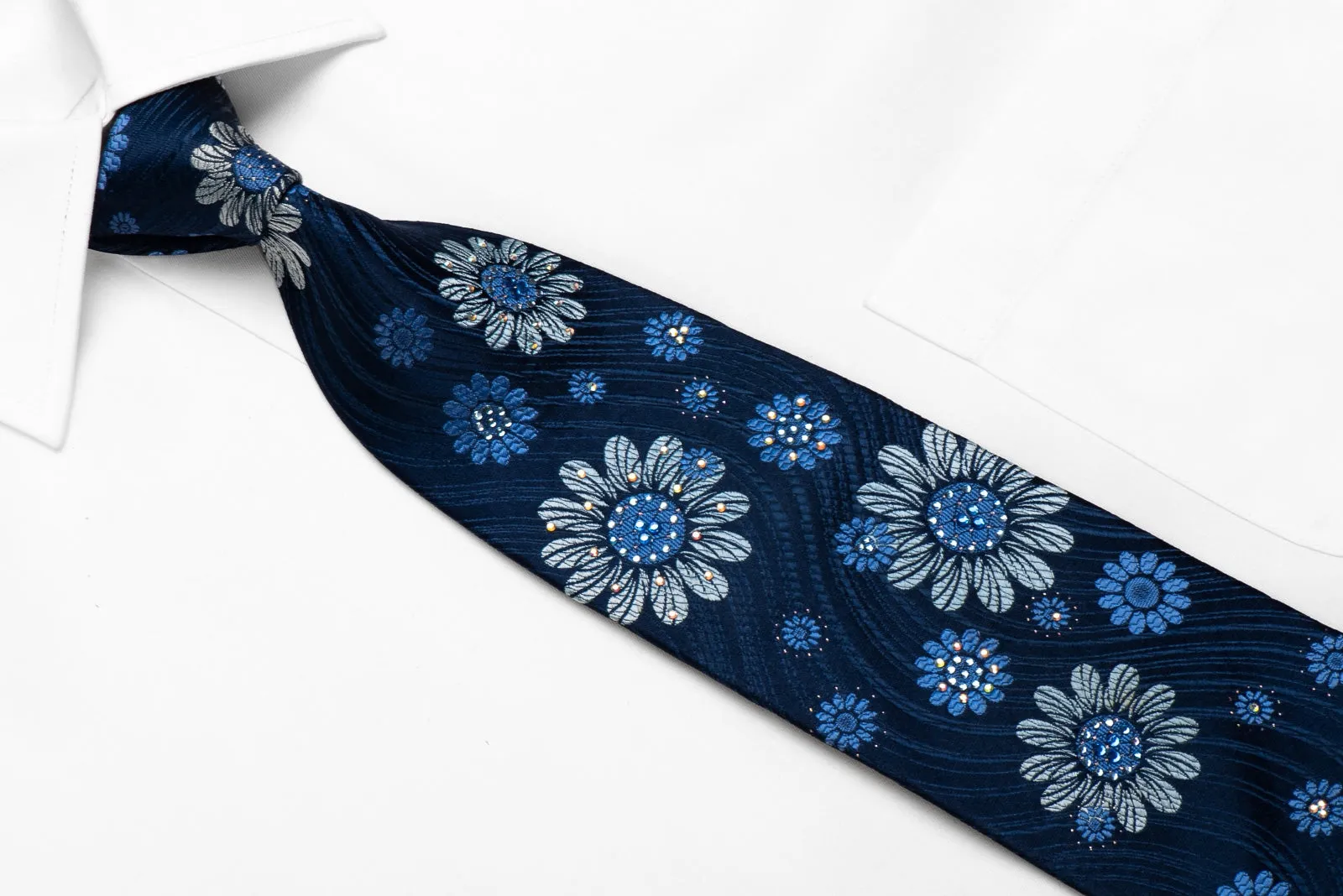 Paco Rabanne Men's Rhinestone Silk Necktie Floral On Blue With Silver Sparkles