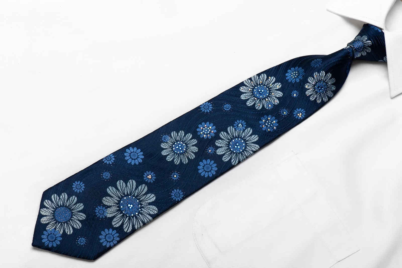 Paco Rabanne Men's Rhinestone Silk Necktie Floral On Blue With Silver Sparkles