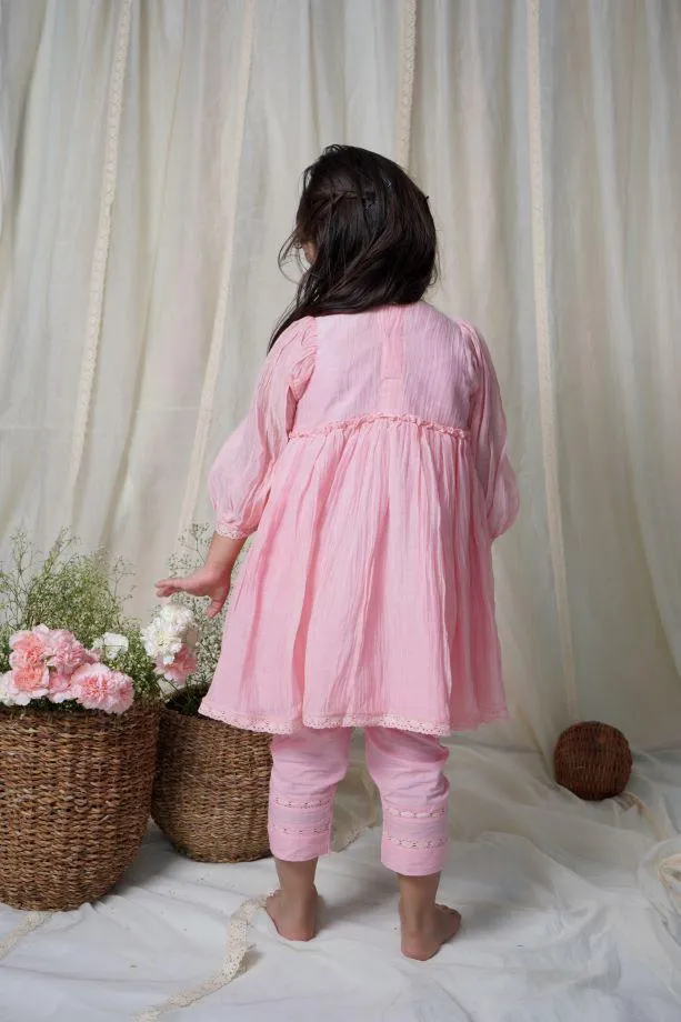 Pink Peony Faux Jacket Kurta Set For Girls