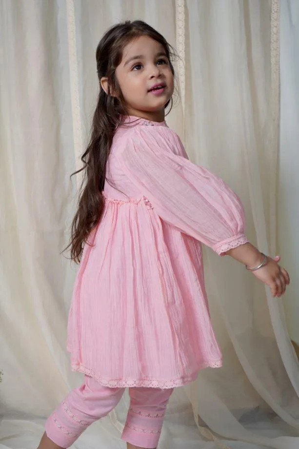 Pink Peony Faux Jacket Kurta Set For Girls