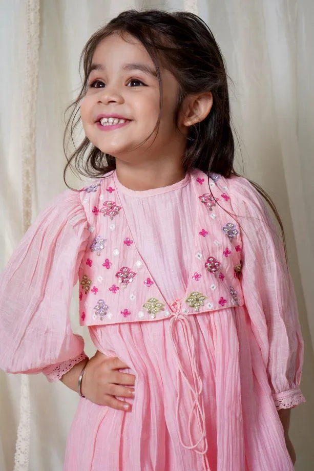 Pink Peony Faux Jacket Kurta Set For Girls