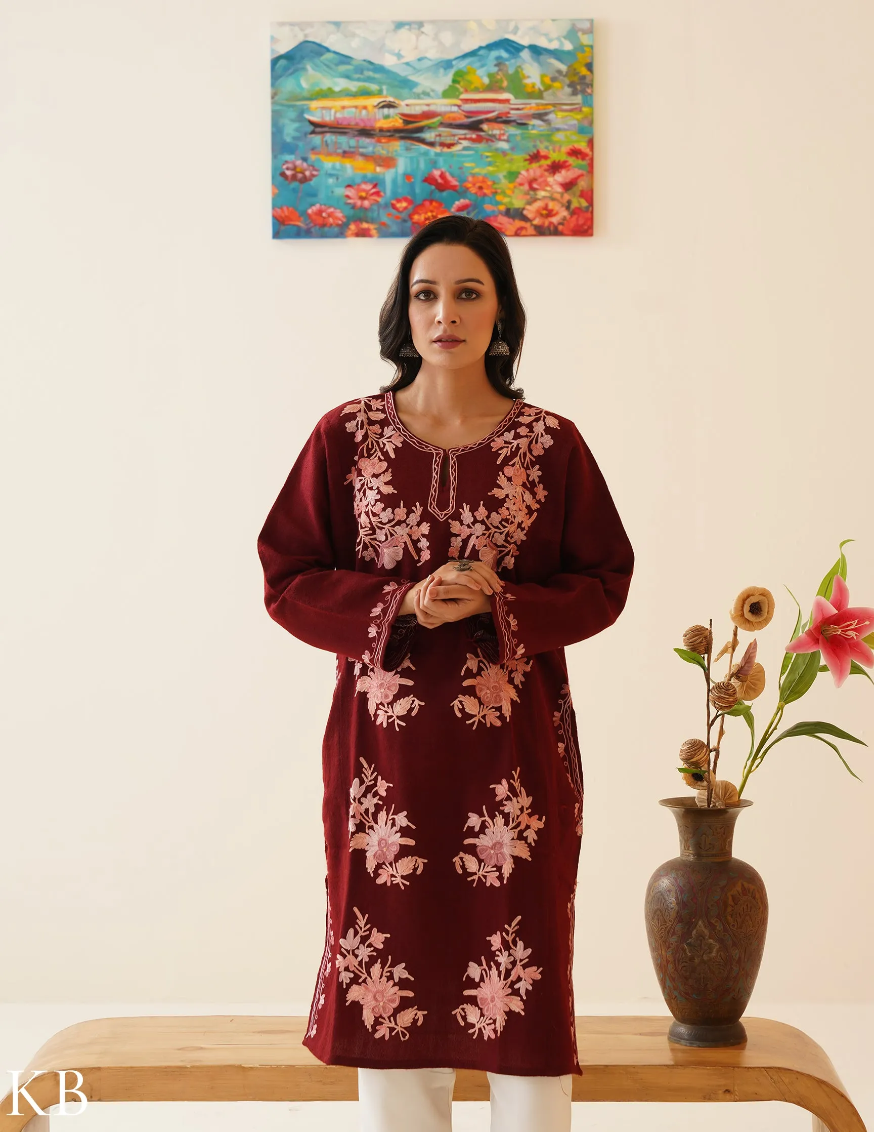 Rang-e-Khizan Pure Wool Maroon Bouquet Aari Phiran