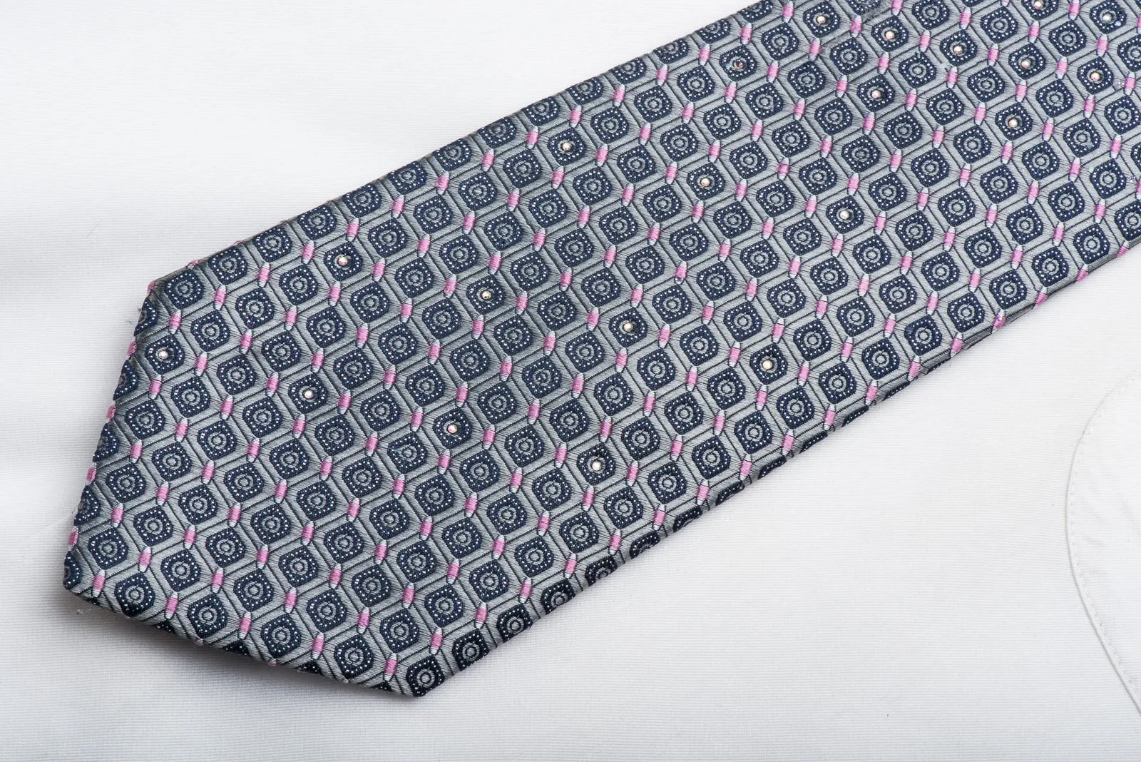 Renoma Mens Rhinestone Necktie Silver Geometric Silk With Sparkles