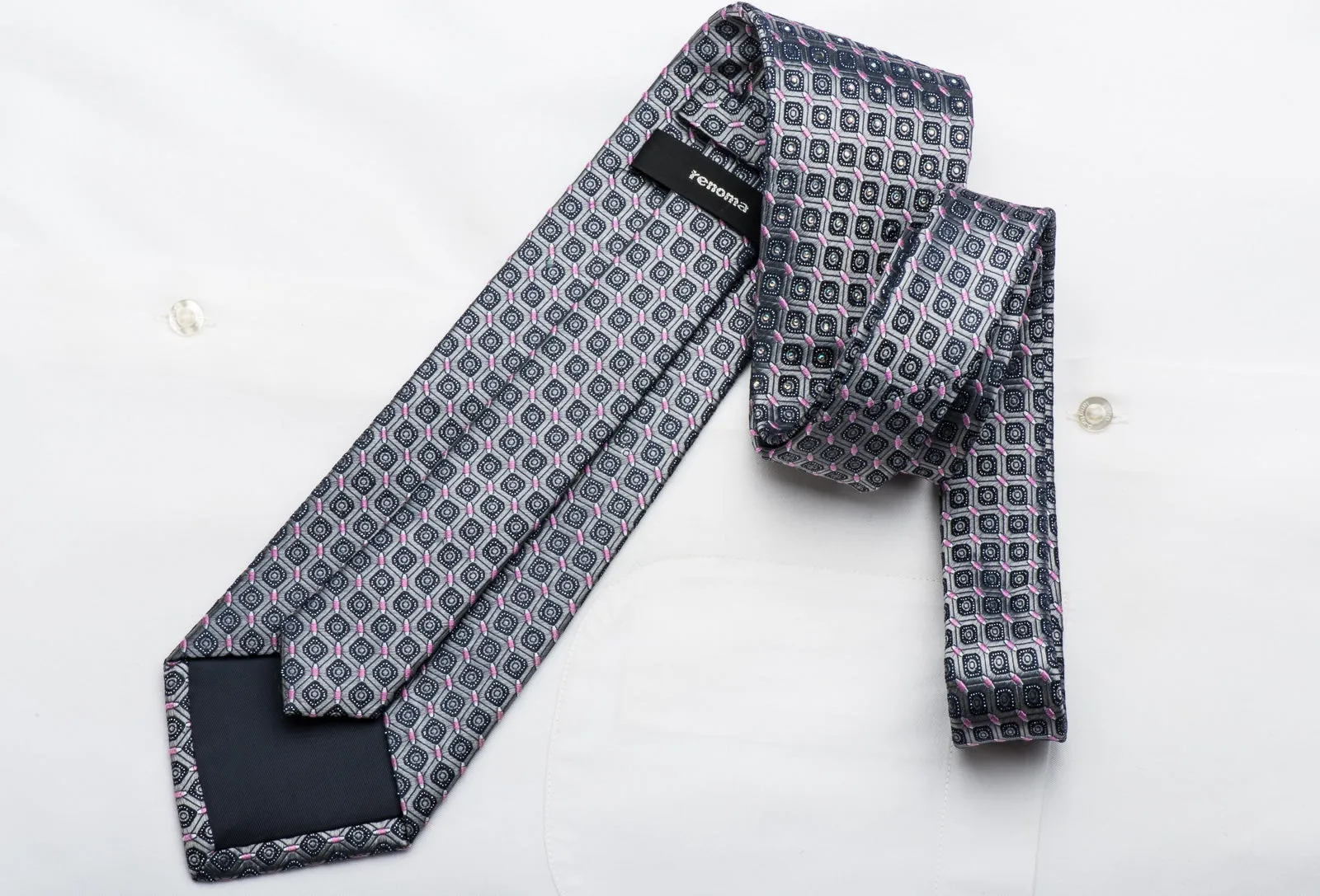 Renoma Mens Rhinestone Necktie Silver Geometric Silk With Sparkles