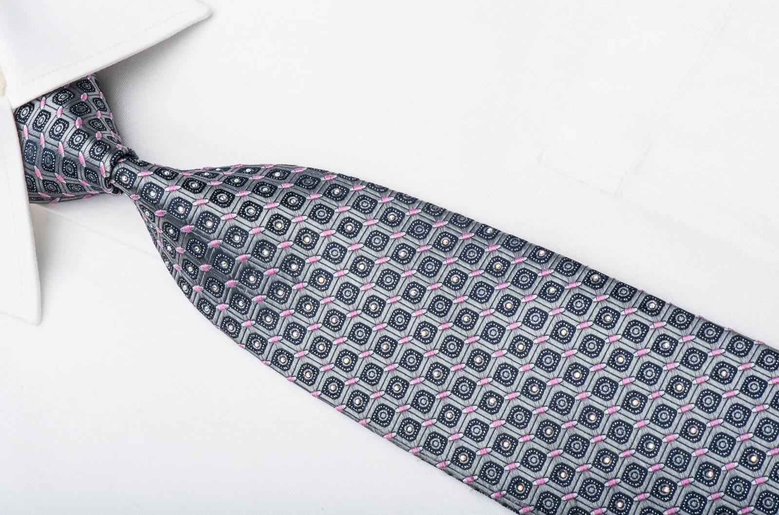 Renoma Mens Rhinestone Necktie Silver Geometric Silk With Sparkles