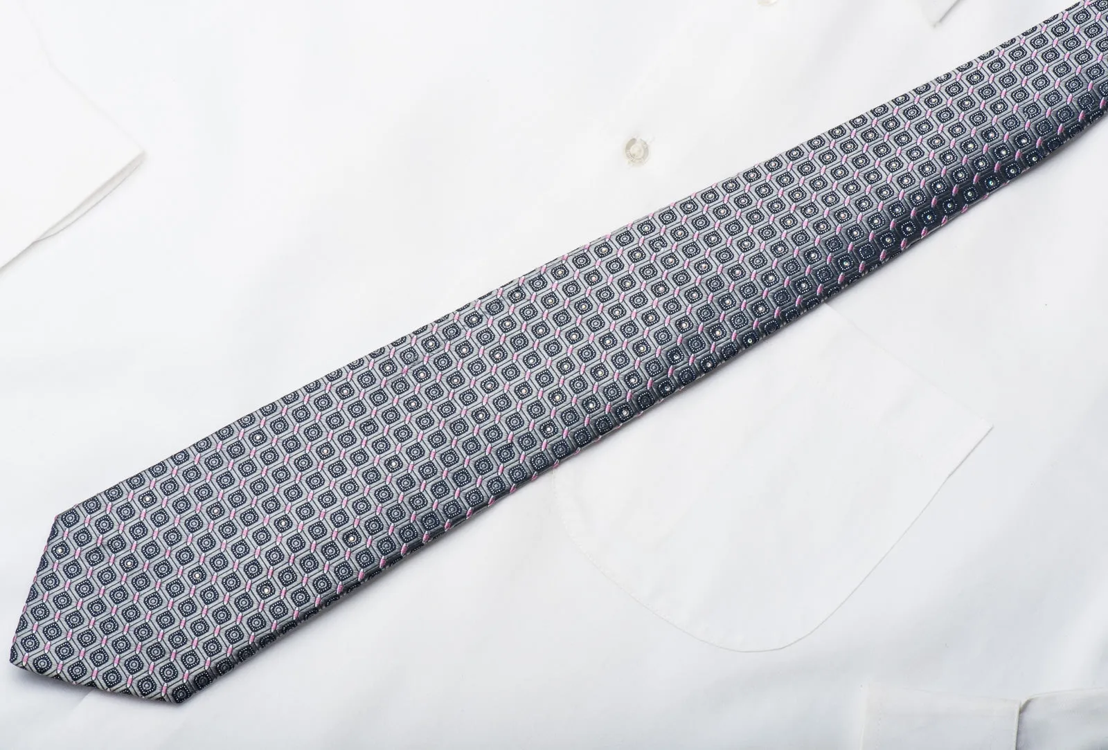 Renoma Mens Rhinestone Necktie Silver Geometric Silk With Sparkles