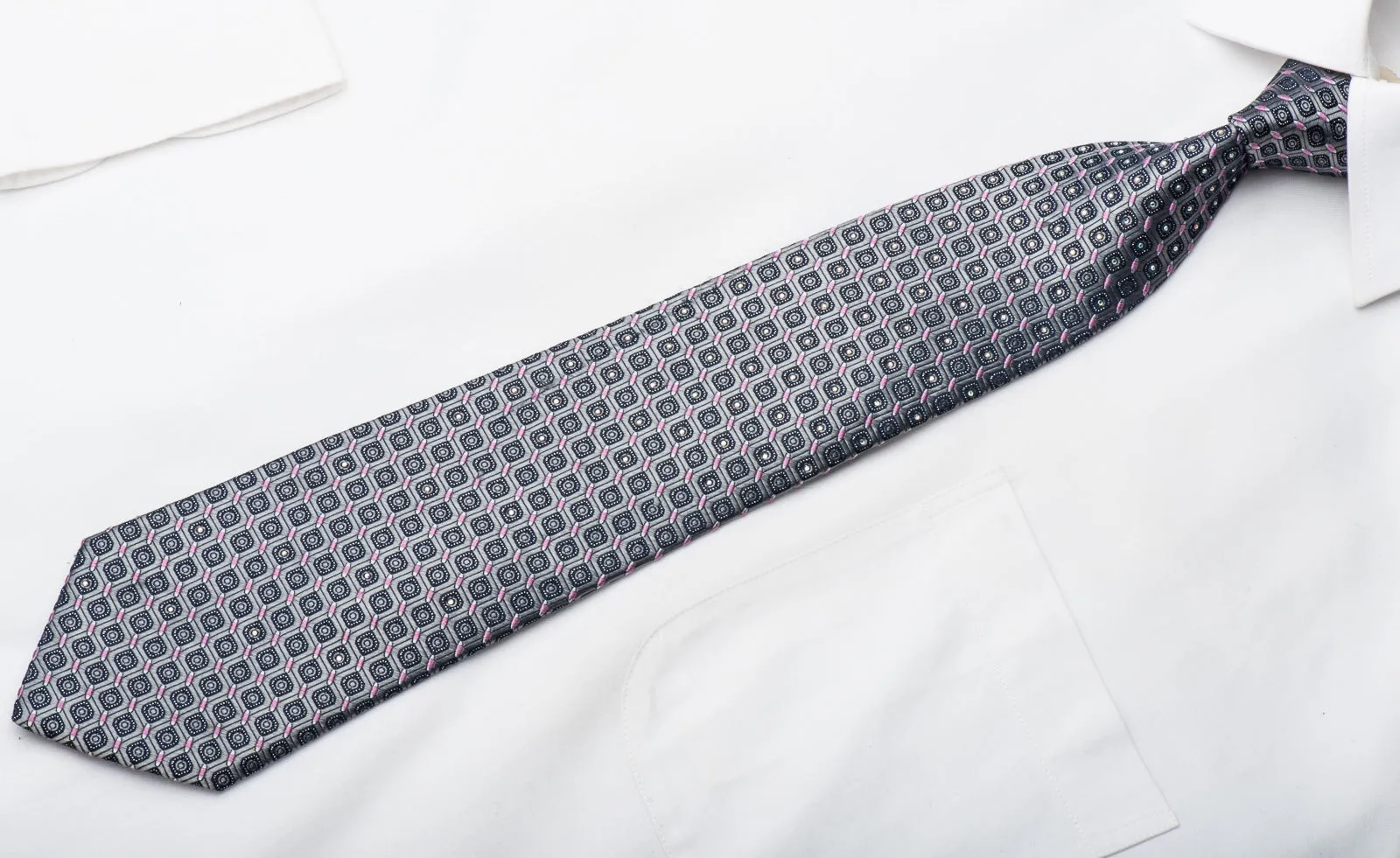 Renoma Mens Rhinestone Necktie Silver Geometric Silk With Sparkles