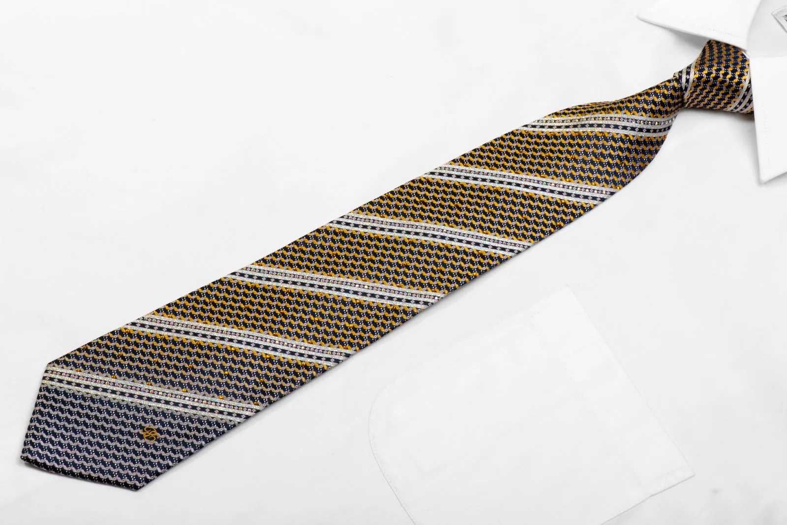 Renoma Rhinestone Silk Necktie Gold Silver Striped On Navy With Sparkles