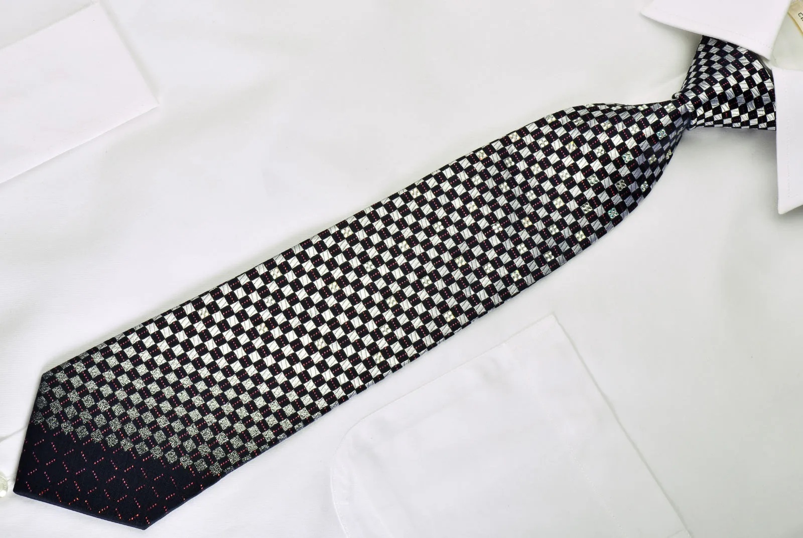 Renoma Rhinestone Silk Necktie Silver Navy Checkered With Red Sparkles