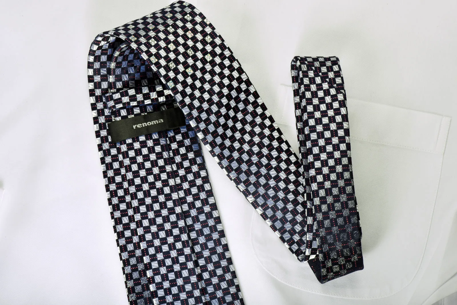 Renoma Rhinestone Silk Necktie Silver Navy Checkered With Red Sparkles