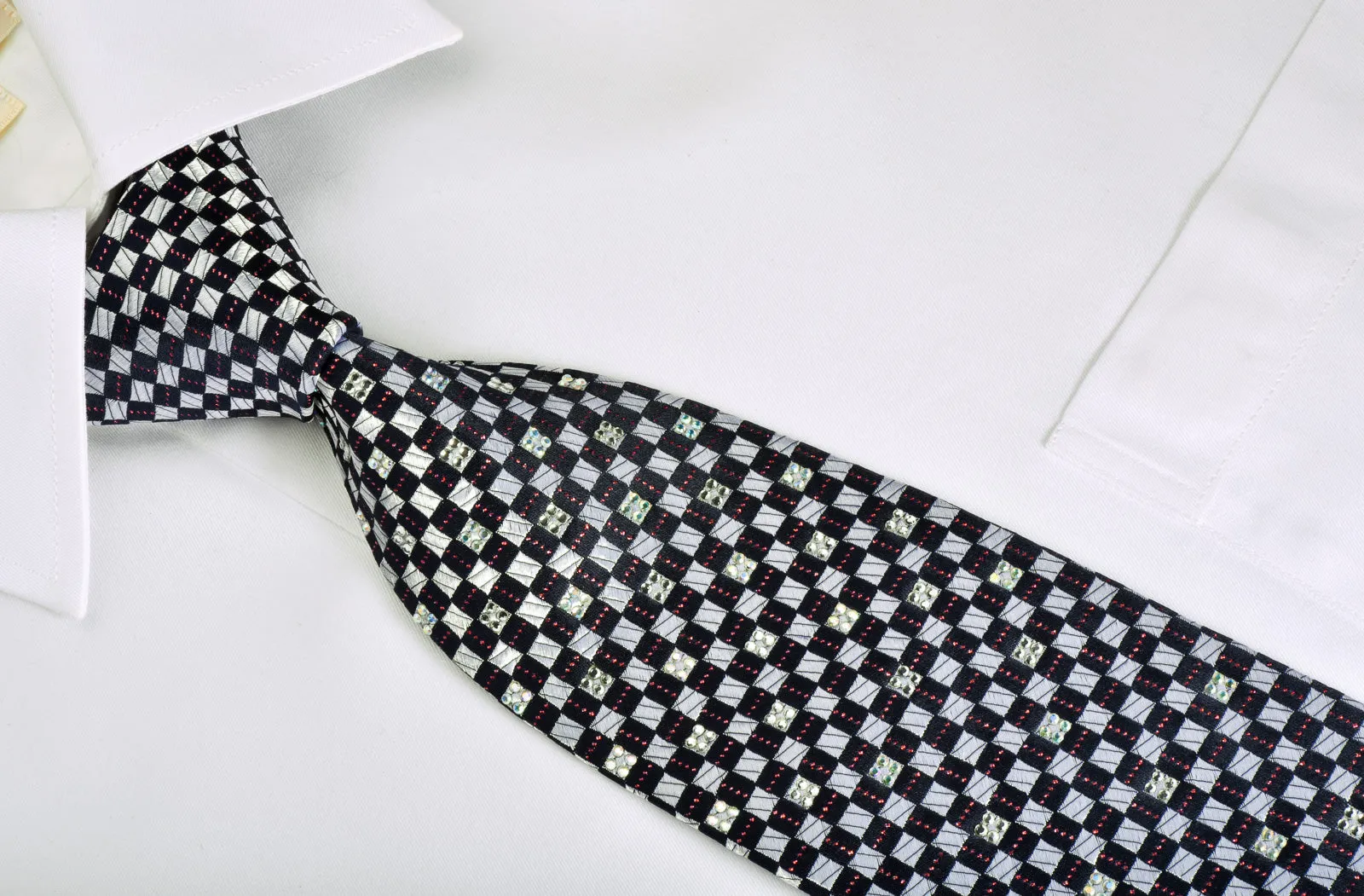 Renoma Rhinestone Silk Necktie Silver Navy Checkered With Red Sparkles