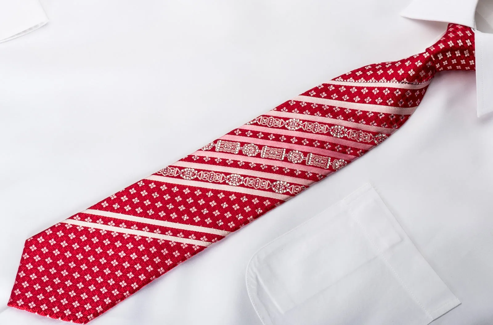 Roberta di Camerino Men's Rhinestone Necktie Striped Cartouche On Red With Silver Sparkles