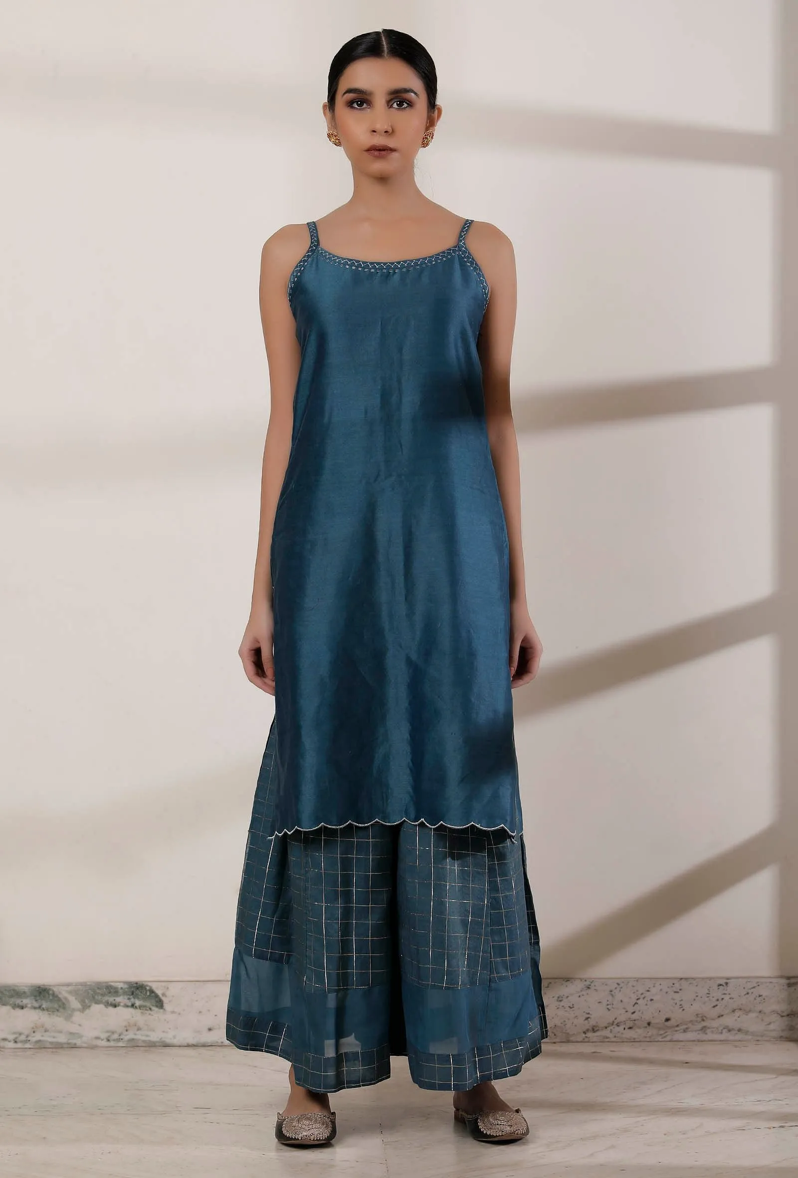 Set of 3: Teal Blue Slip Kurta with Palazzo and Kani Dupatta
