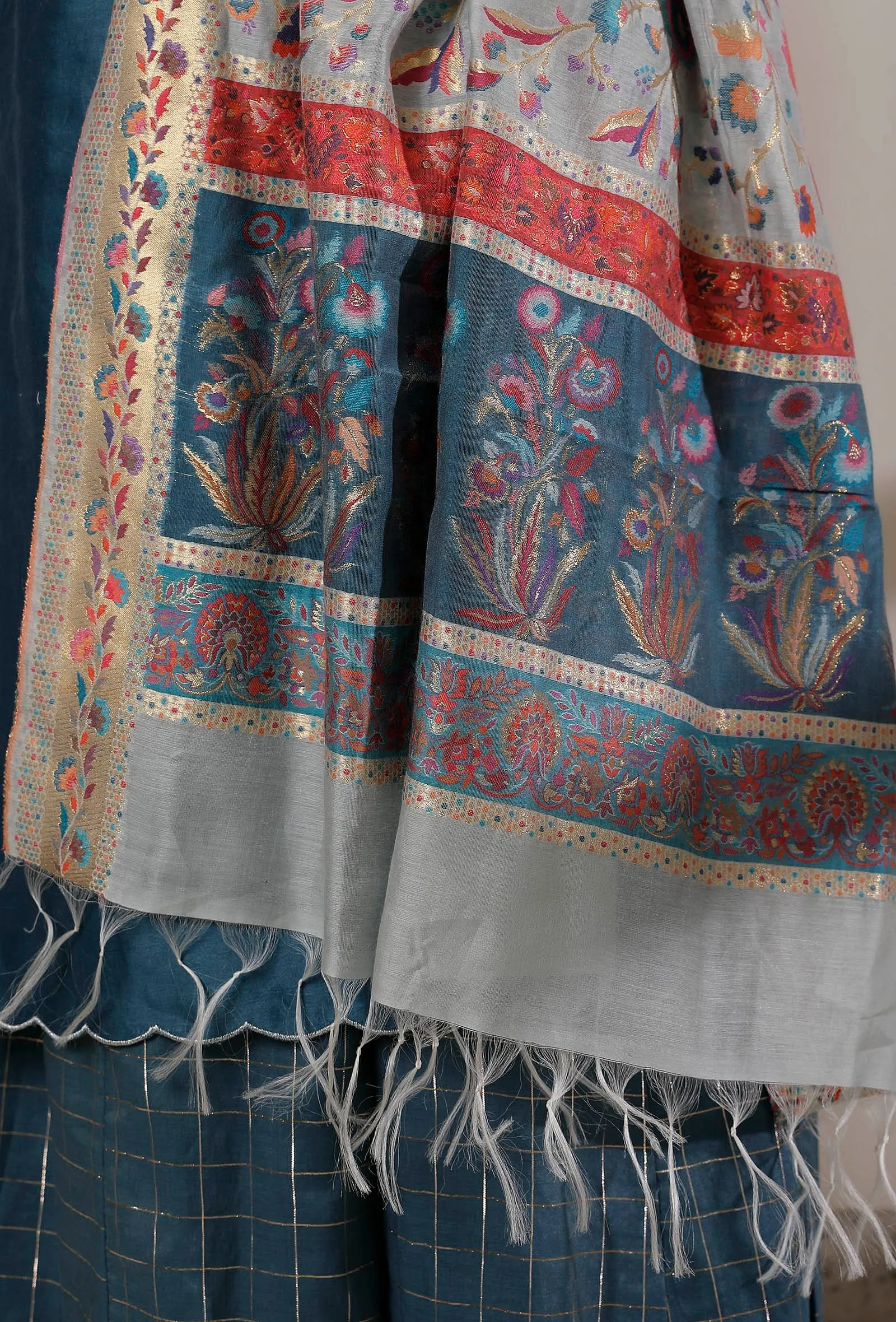 Set of 3: Teal Blue Slip Kurta with Palazzo and Kani Dupatta