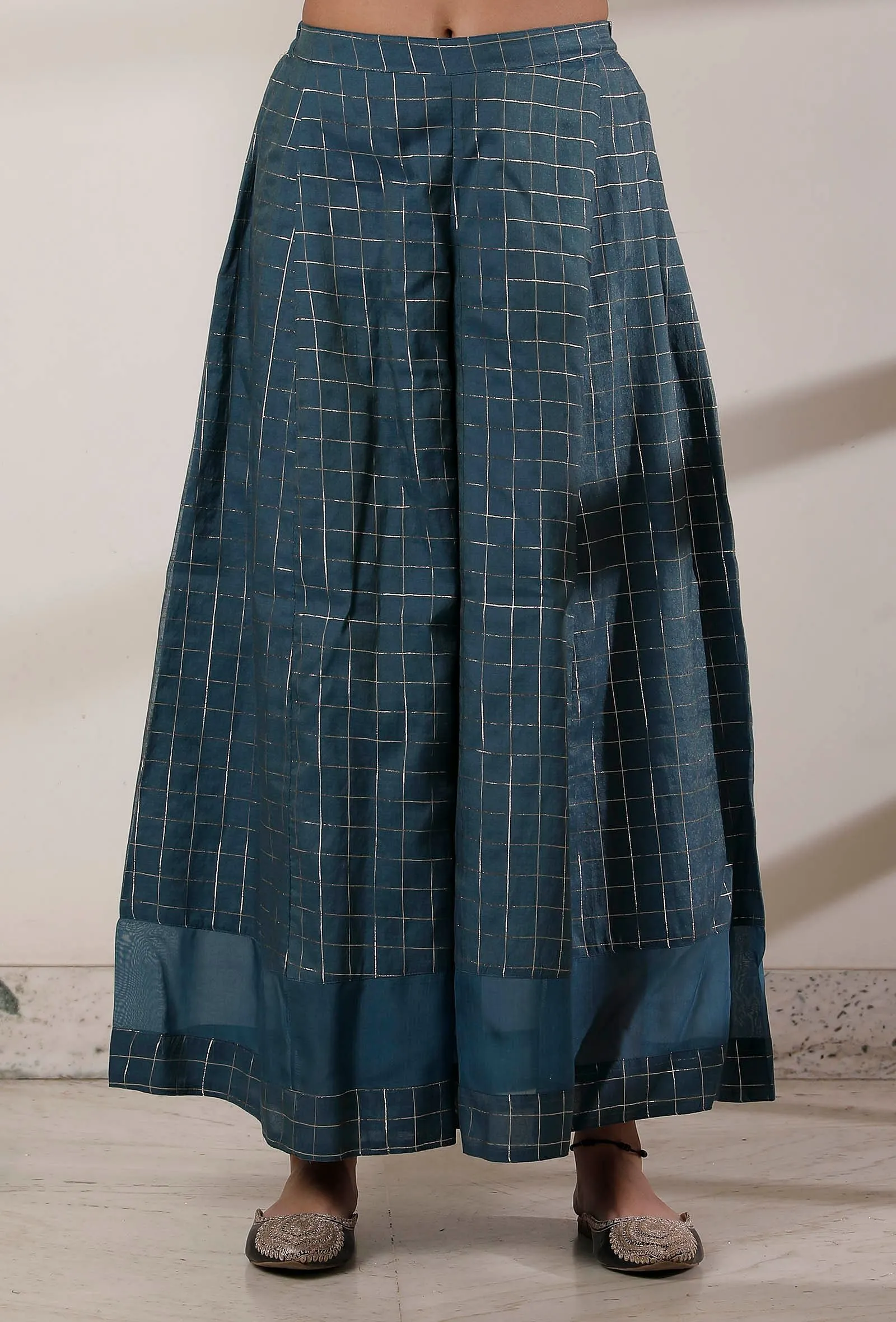 Set of 3: Teal Blue Slip Kurta with Palazzo and Kani Dupatta