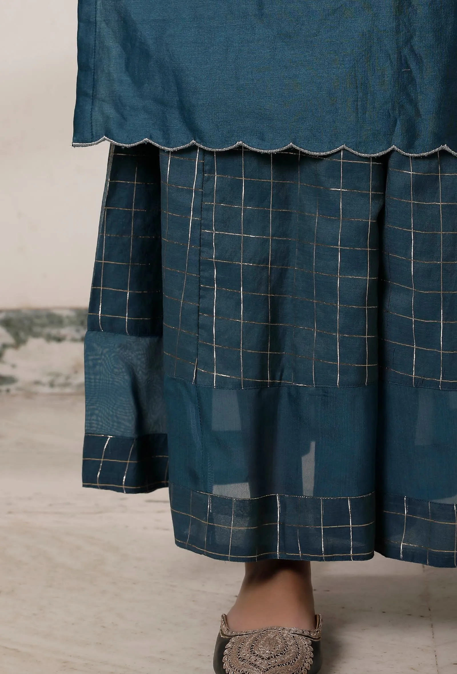 Set of 3: Teal Blue Slip Kurta with Palazzo and Kani Dupatta