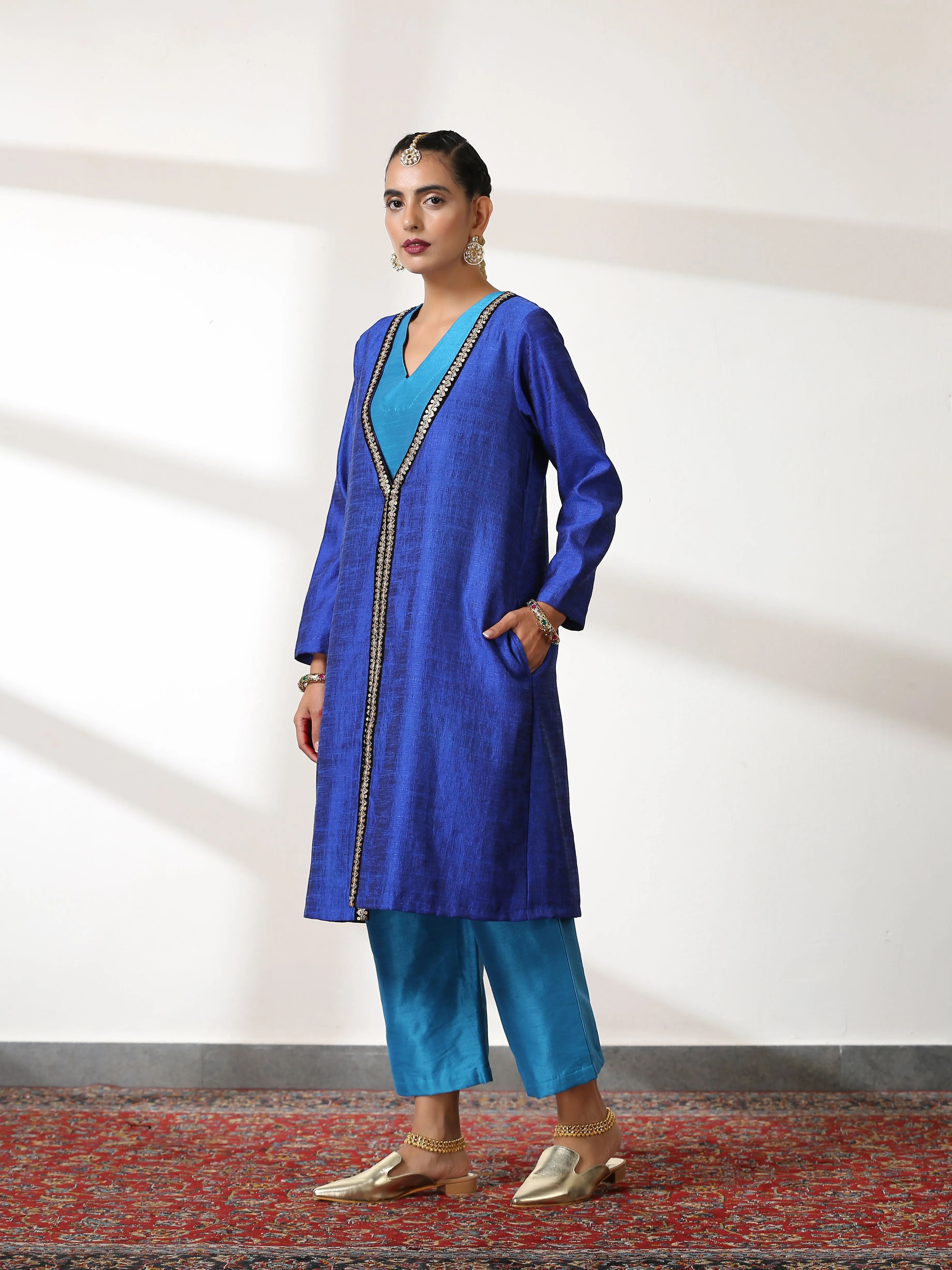 SET Teal Dupion Silk Blend Top & Pants - 2 PC