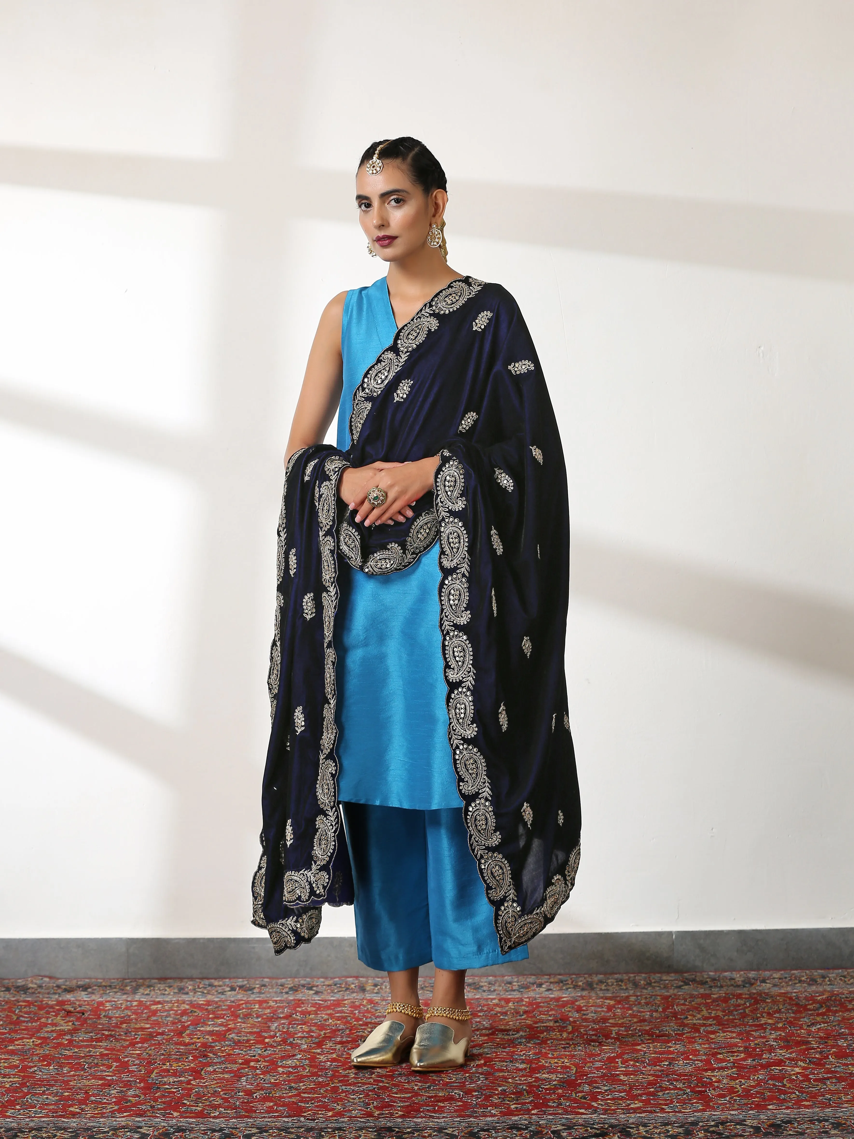 SET Teal Dupion Silk Blend Top & Pants - 2 PC