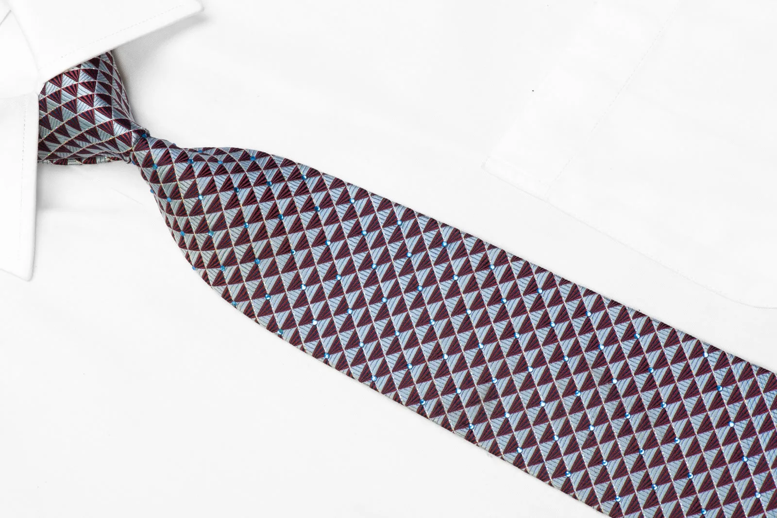 Silk Necktie Silver Navy Burgundy Geometric With Rhinestones & Sparkles