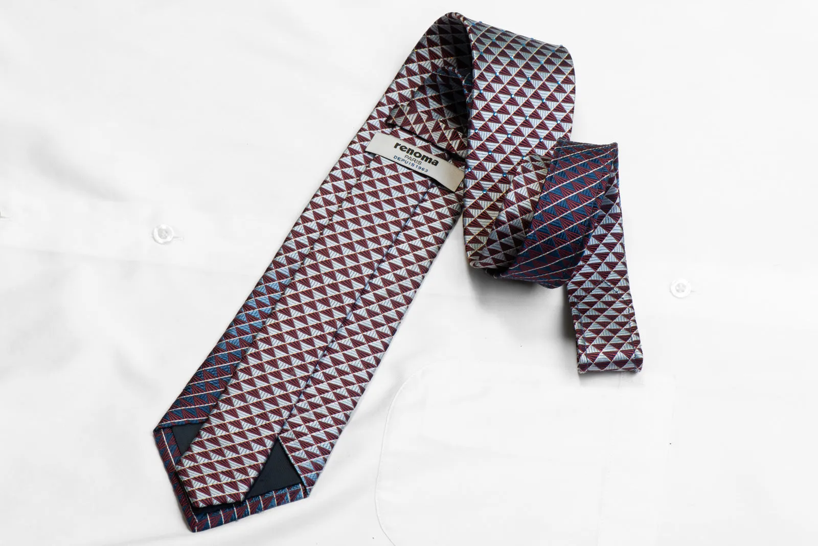 Silk Necktie Silver Navy Burgundy Geometric With Rhinestones & Sparkles