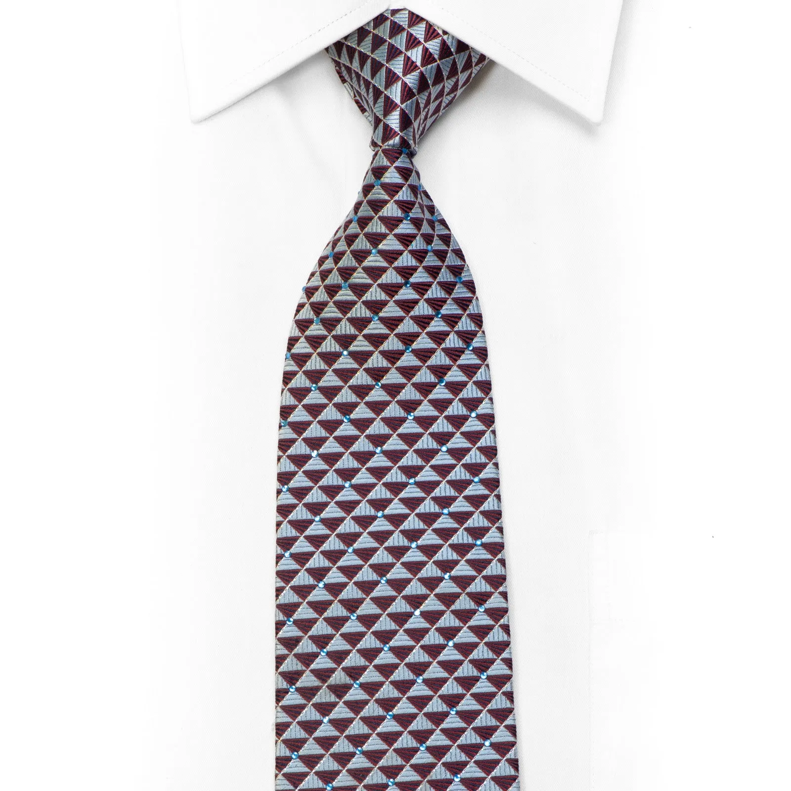 Silk Necktie Silver Navy Burgundy Geometric With Rhinestones & Sparkles