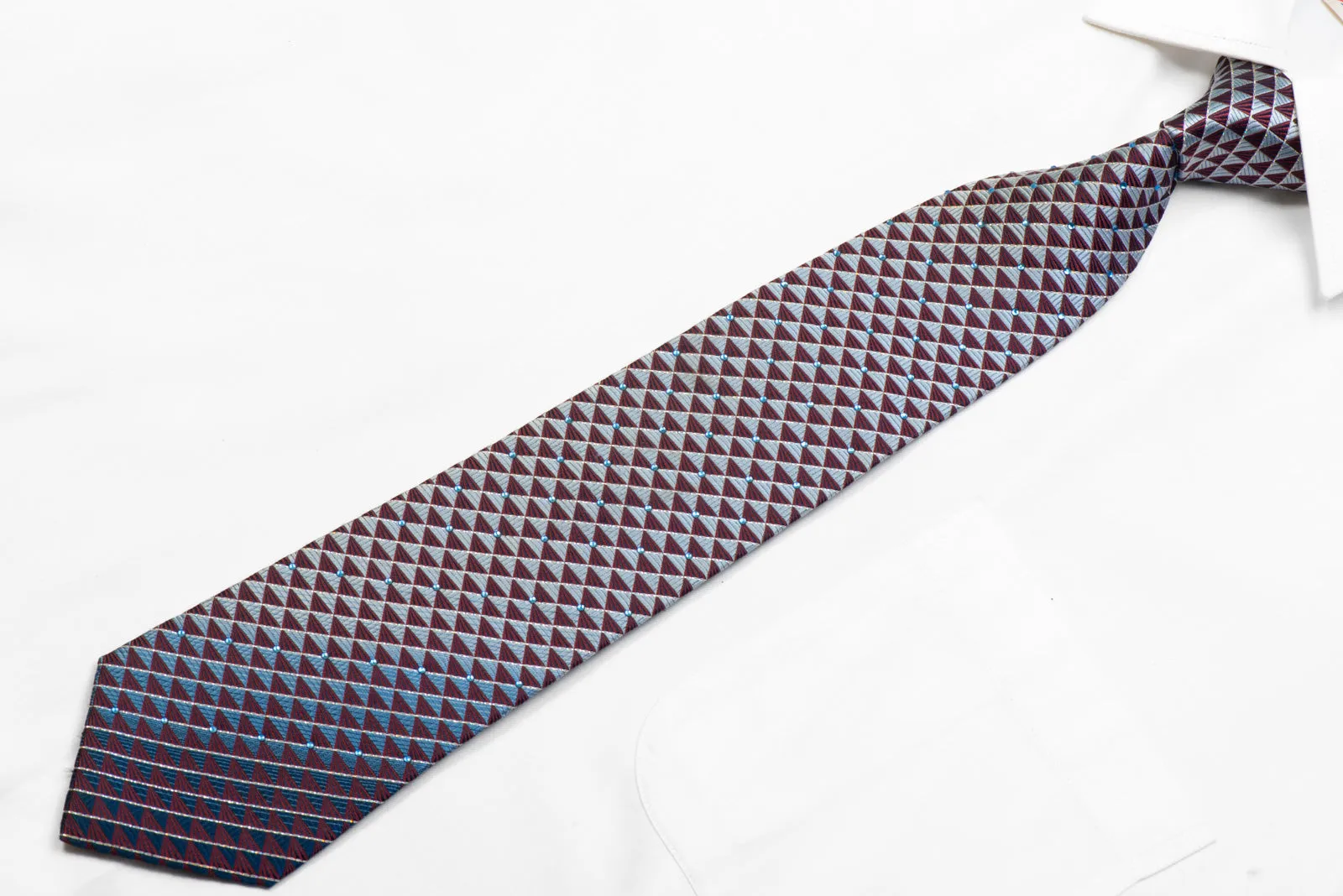 Silk Necktie Silver Navy Burgundy Geometric With Rhinestones & Sparkles