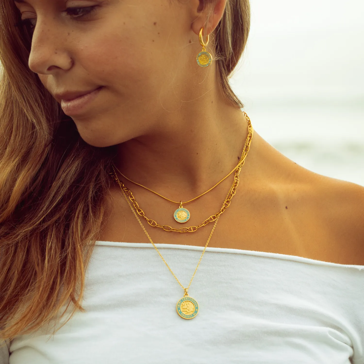 St. Christopher Earrings - Gold / Baby Blue