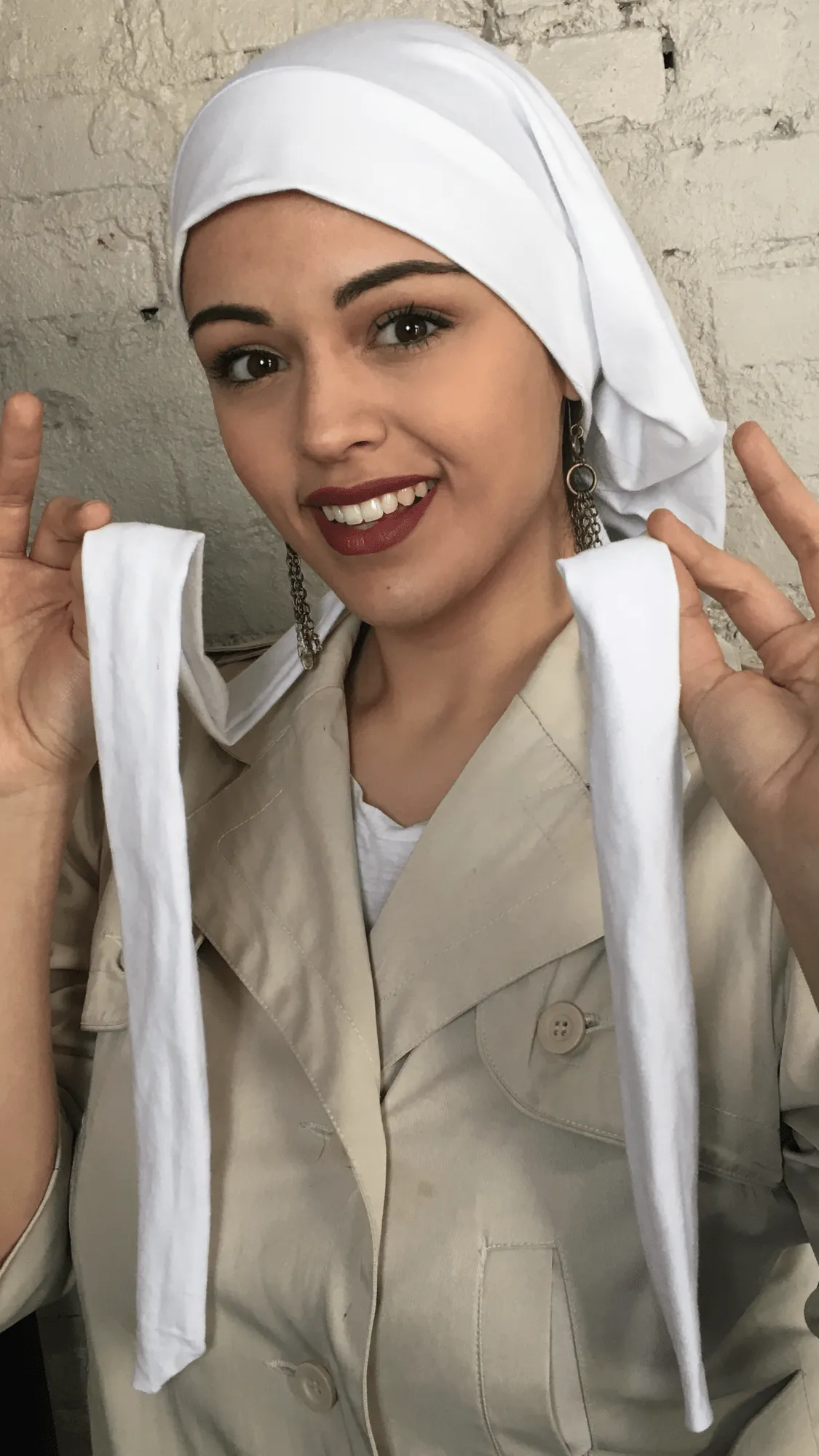 Tie Back White Classic Hair Snood Turban. Lycra & Lace. Made in USA