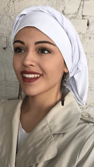 Tie Back White Classic Hair Snood Turban. Lycra & Lace. Made in USA