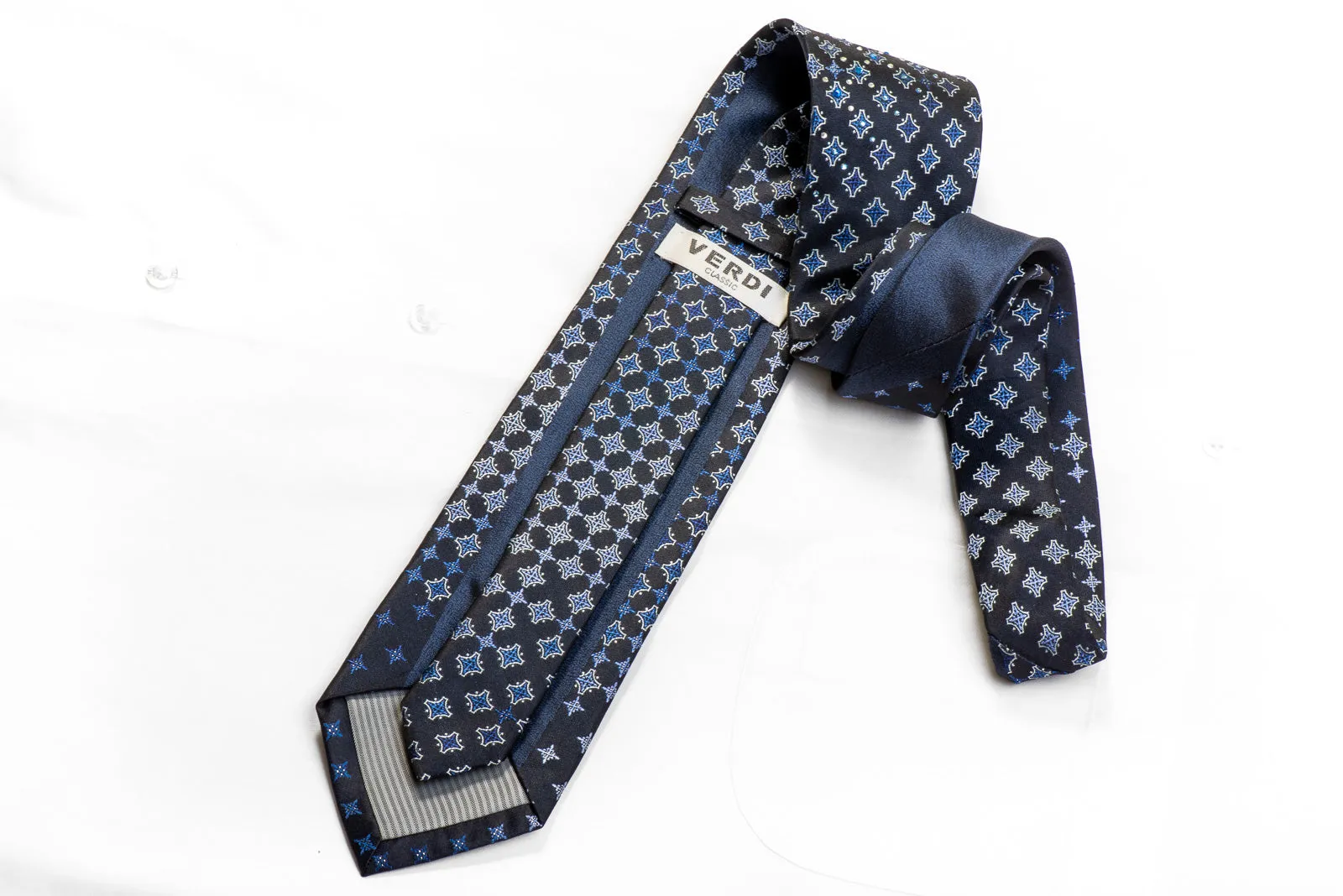 Verdi Rhinestone Tie Geometric On Navy With Silver Sparkles