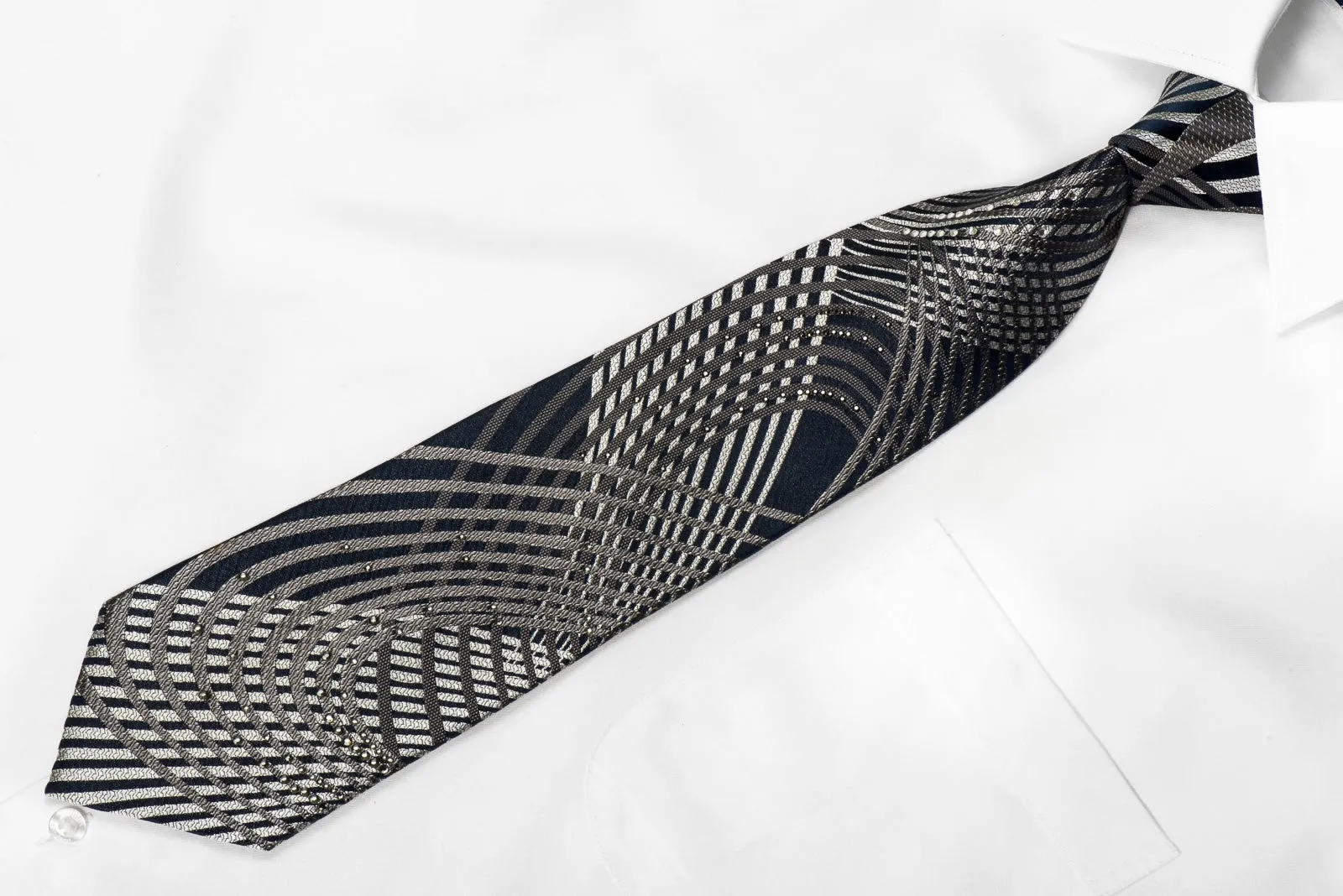 Vito Rufolo Men's Crystal Necktie Silver Geometric Scrolls On Navy Sparkling With Rhinestones