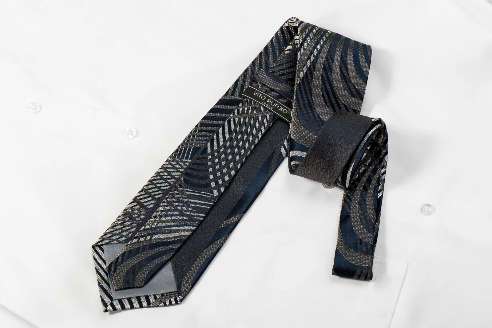 Vito Rufolo Men's Crystal Necktie Silver Geometric Scrolls On Navy Sparkling With Rhinestones