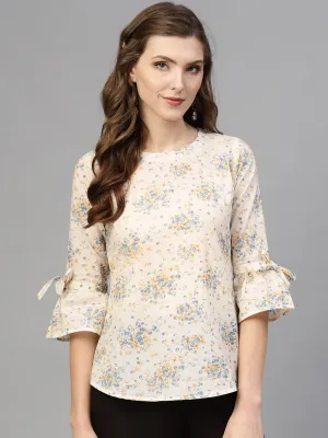 White & Blue Floral Printed Top With Round Neck & Flared Sleeves