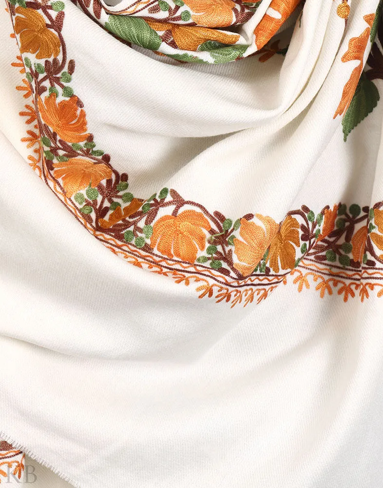 White Chinar Aari Work Cashmilon Shawl