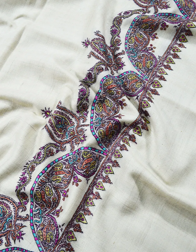 Stunning White Embroidered Pashmina Shawl (Style 7885)