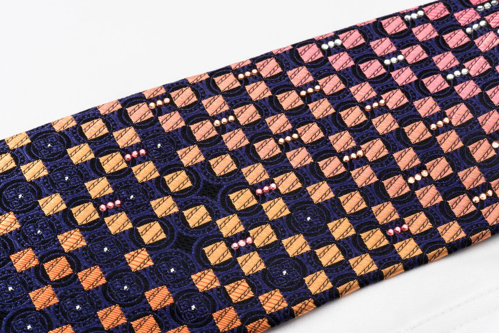 Yezak Silk Rhinestone Necktie Orange Pink Checker On Blue With Silver Sparkles