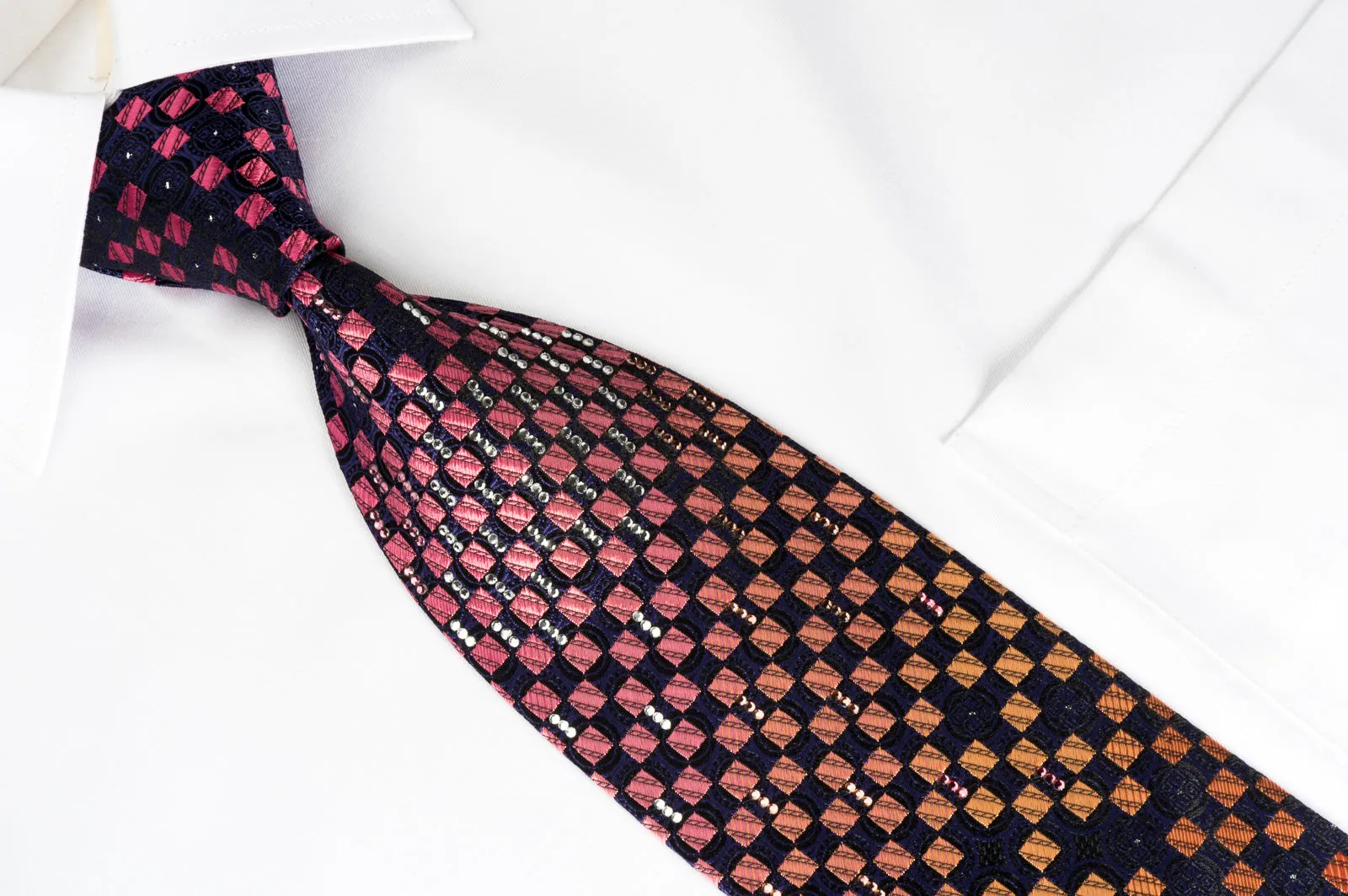 Yezak Silk Rhinestone Necktie Orange Pink Checker On Blue With Silver Sparkles