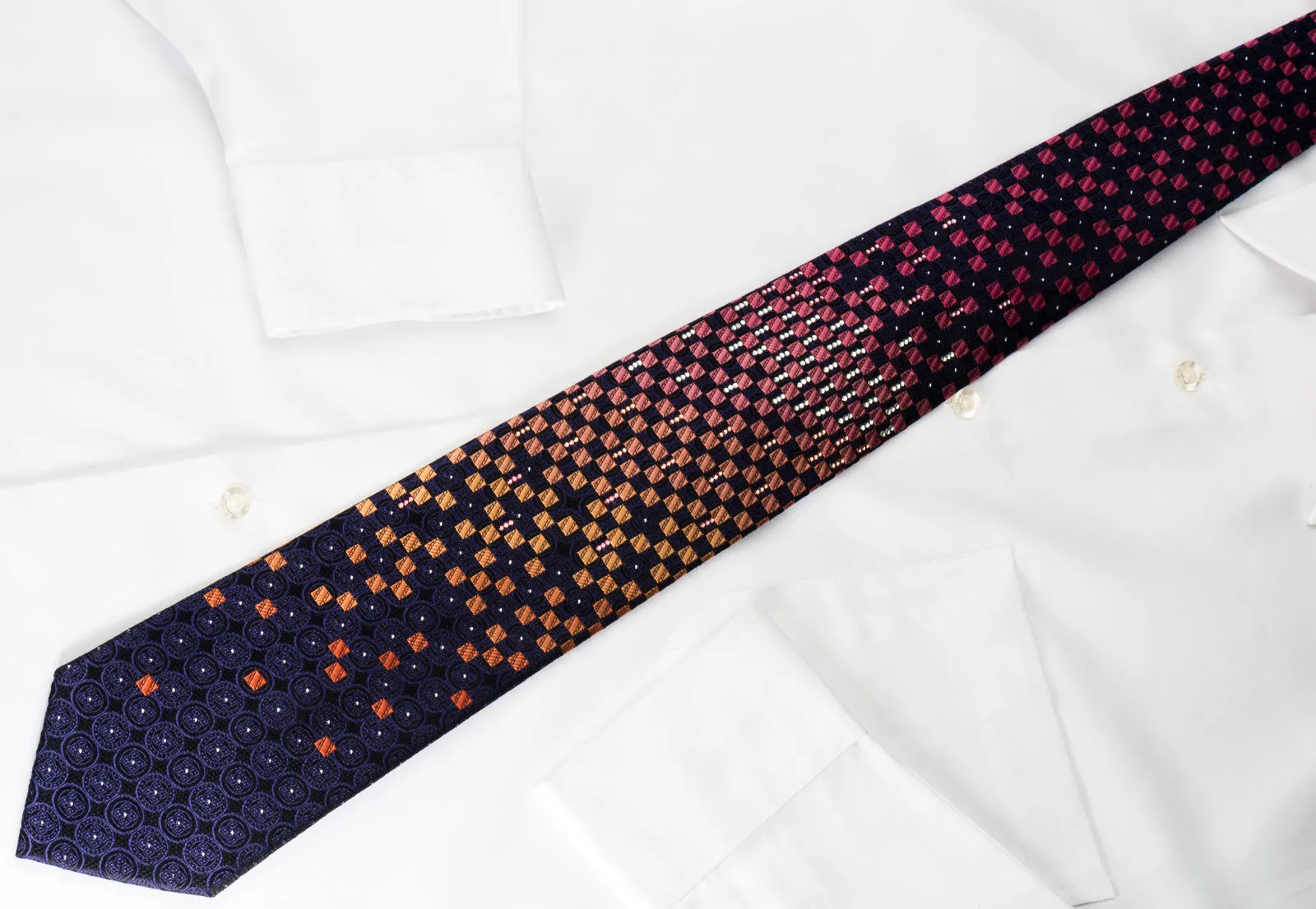 Yezak Silk Rhinestone Necktie Orange Pink Checker On Blue With Silver Sparkles